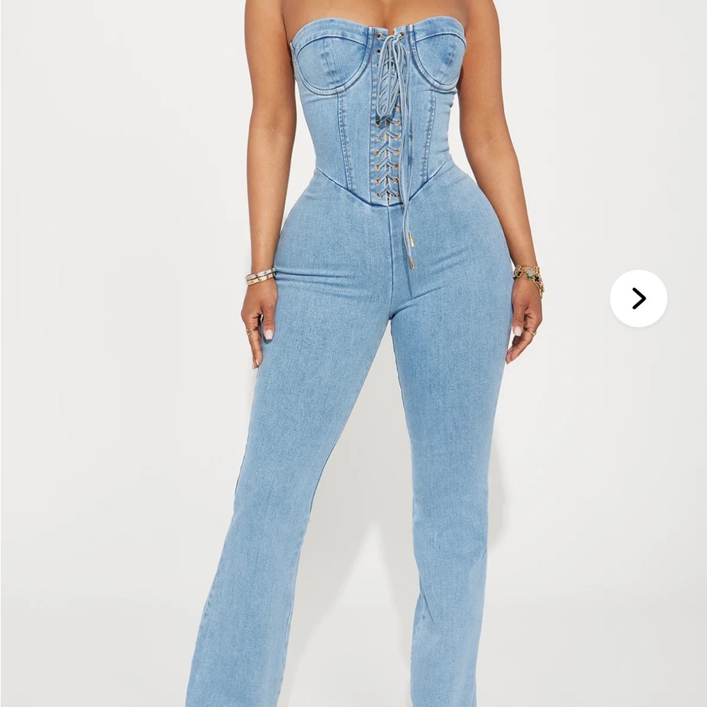 Fashion Nova Light Blue Corset Bell Bottom Jumpsuit